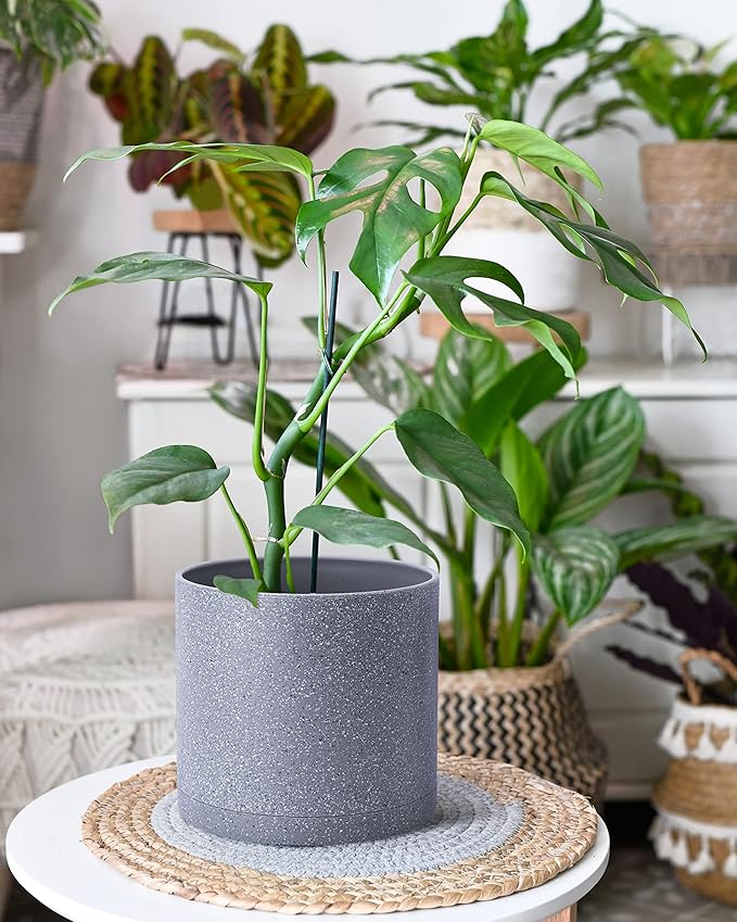 D'vine Dev 6.5 Inch 8 Inch 10 Inch, Set of 3 Plastic Planter Pots for Plants with Drainage Hole and Seamless Saucer, Speckled Gray Color, Large, 74-V-G-4