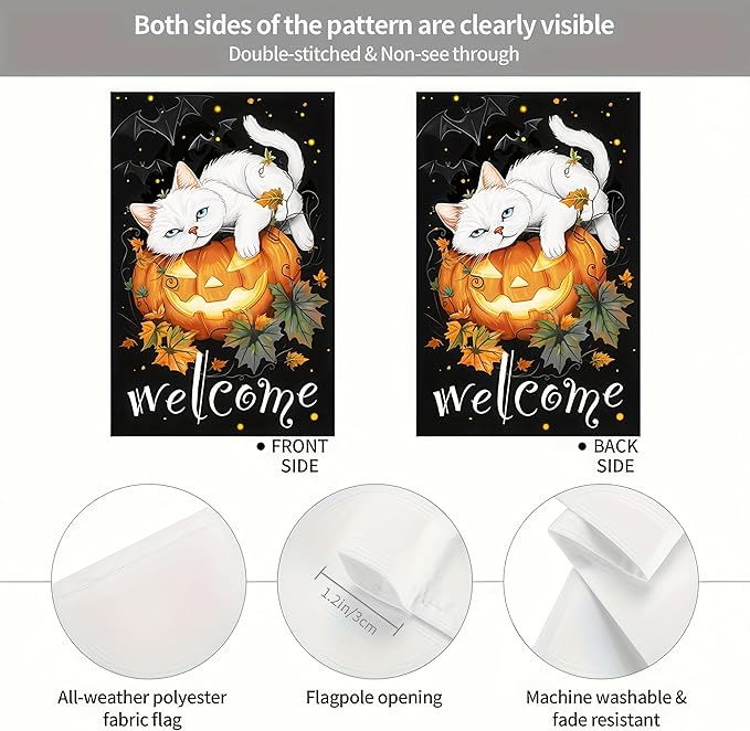 Welcome Halloween Garden Flags 12x18 Double Sided Halloween Cat Pumpkin Garden Flag Yard Outside Decor Holiday Outdoor Flag Decorations Home Banner