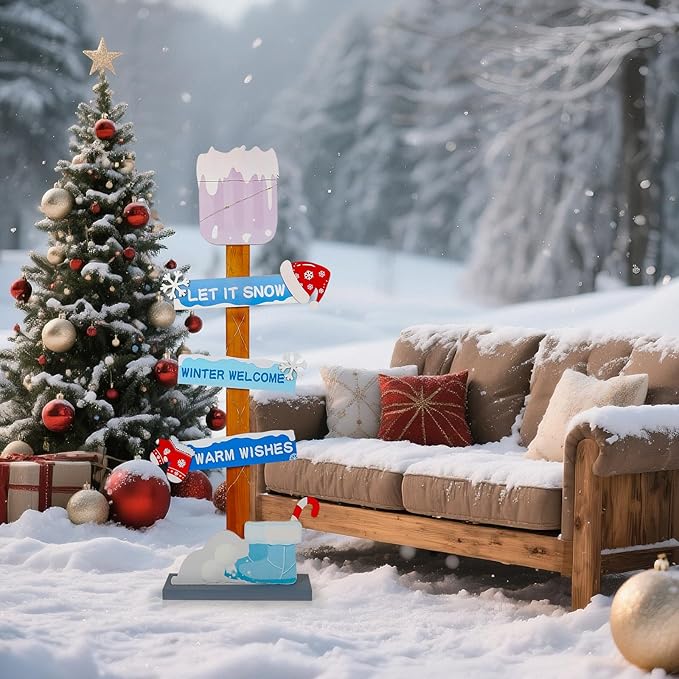 Lighted Let It Snow Winter Welcome Porch Sign, Christmas Wood Snow Shovel Warm Wishes Standing Sign Decorations,Xmas Hat Gloves Candy Cane Sign For Indoor Outdoor Yard Decor