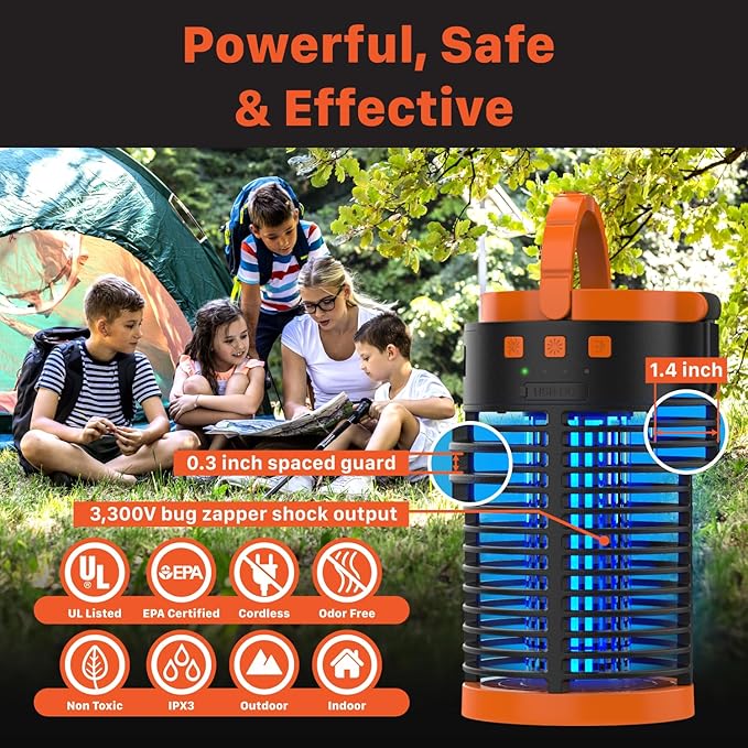 FosPower Bug Zapper Outdoor & Indoor (5-in-1) 3300V Mosquito Zapper with 29600mWh Power Bank, Rechargeable USB/Solar Charging, Flashlight, Reading Light, SOS Signal for Patio, Camping Essentials