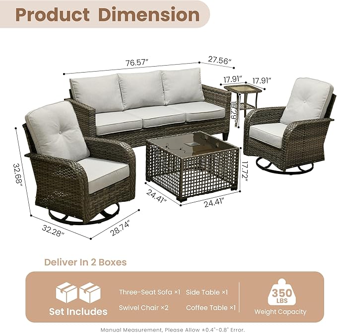 HOOOWOOO Outdoor Patio Furniture Set,5 Pieces Wicker Conversation Set,All Weather Couch Set with Swivel Chairs Solar Light Table 5 Seaters for Out Door Yard(Light Gray)