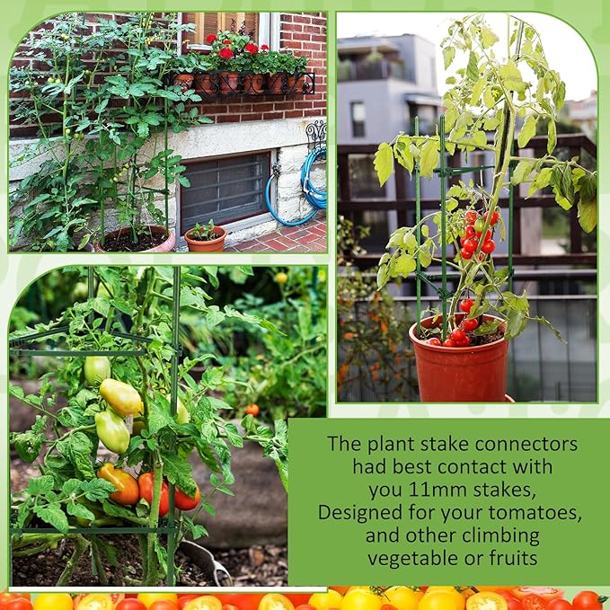 50 Pcs Expandable Trellis Connectors, 11 Inch Green Plastic Stake Arms for Tomato Cage, Climbing Plants Attach, 11mm Diameter Plant Stake