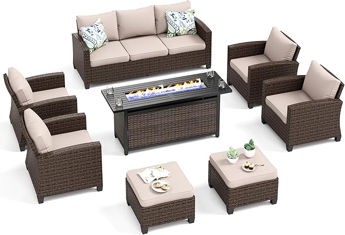 Patio Furniture Set, 8 Pcs Wicker Rattan Outdoor Conversation Set, 4 x Leg Chairs, 1 x 3 Seater Sofa and 2 x Ottoman with 4" Thick Cushion and 56" Fire Pit Table, Beige