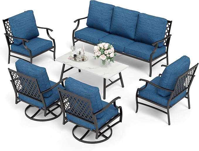 HERA'S HOUSE 6 Piece Patio Furniture Set, 2 x Swivel Chair, 2 x Fixed Chair, 1 x 3-Seat Sofa with Marbling Coffee Table, 7 Seats Outdoor Conversation Set for Lawn Garden Backyard, Pacific Blue