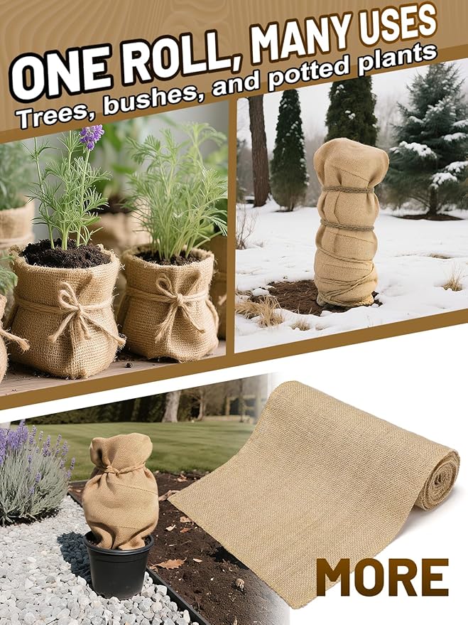 ANPHSIN 4 Rolls Natural Burlap Tree Wraps - 7.8in × 9.8ft Winter Burlap Rolls, Tree Trunk Guard Wrap, Plants Antifreeze Bandage to Protect Bark & Keep Plants Warm