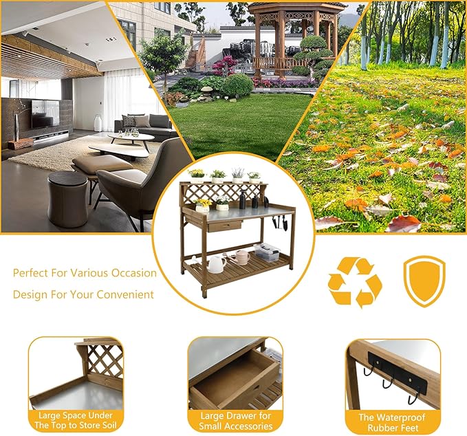 Garden Potting Bench with Metal Tabletop,Outdoor Potting Table Workstation Benches with Drawer/Storage Shelf,Fir Wood Potting Station Work Table with Open Shelf,Lattice Back (Brown)