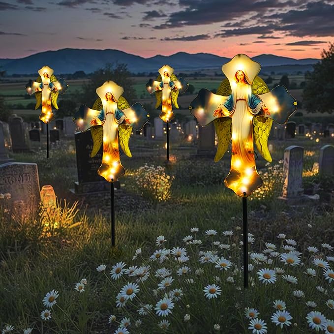 Solar Virgin Mary Cross Garden Lamp for Grave - Angel Wing Memorial Decoration, Waterproof Solar Stake Lamp for Easter, Courtyard, Yard - Sympathetic Gift for Loved Ones. Elegant Cross