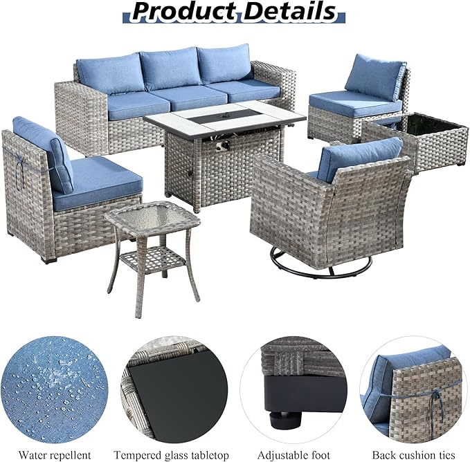HOOOWOOO 9 Piece Modular Patio Outdoor Sectional Furniture Set with Large Propane Fire Pit Table,Wicker Conversation Sofa Set with Swivel Chairs,Outside Couch Set(Denim Blue)