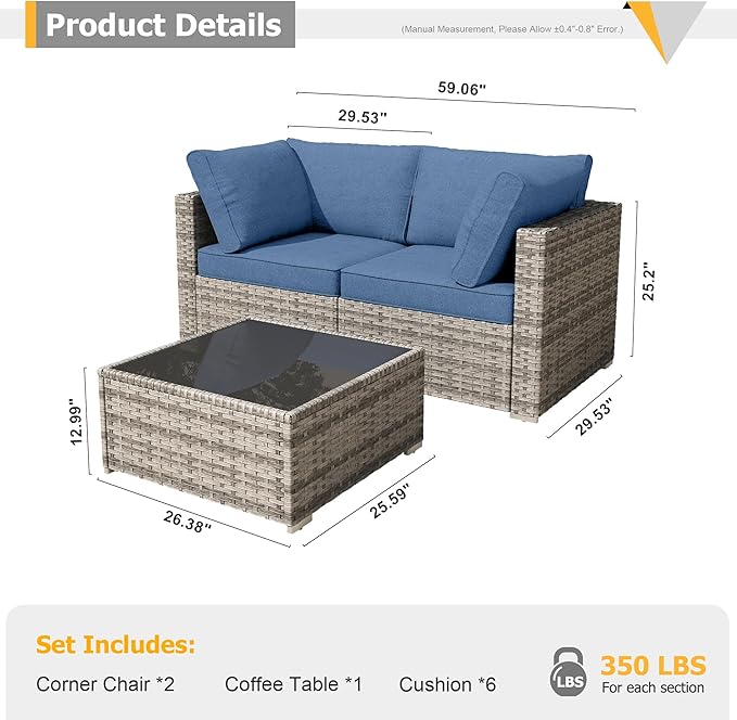 HOOOWOOO Patio Sectional Furniture Set,3 Piece Couch Set with 2 Matching Corner Chairs and 1 Table(Denime Blue)