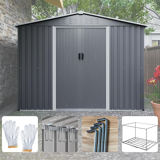 Outdoor Storage Shed, 8x6 FT Galvanized Steel Metal Shed, Lockable Waterproof Tool Storage Sheds for Garden, Patio, Lawn – Durable Storage Solution in Multiple Sizes