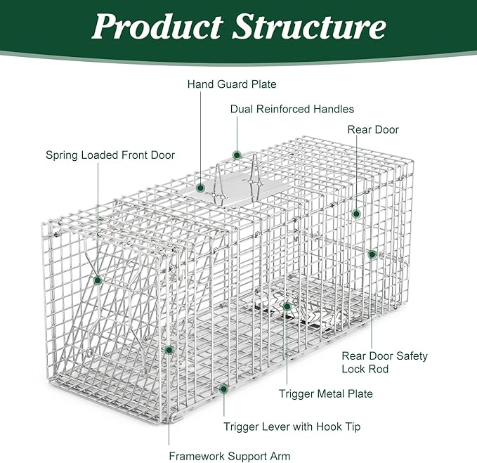 Humane Animal Trap, 30.5"x11.8"x11" Foldable Large Live Cage Traps for for Raccoons Beavers Groundhogs Foxes Armadillos and Other Live Animals, Easy to Catch and Release, Work for Indoor Outdoor