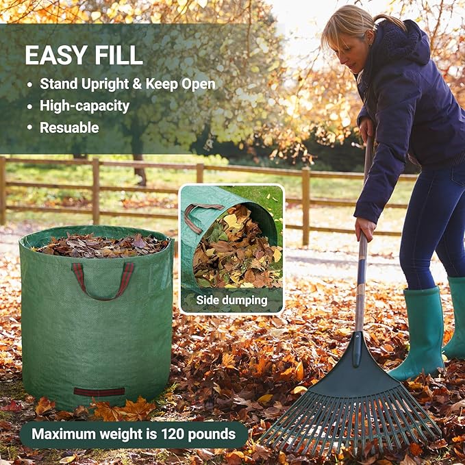 72 Gallon Yard Waste Bags, Reusable Heavy Duty Collapsible Garden Leaf Bags with Plastic Ring, Garden Waste Container for Clean Up Outdoor Debris Leaves Grass Clippings (Green, 3 Pack)