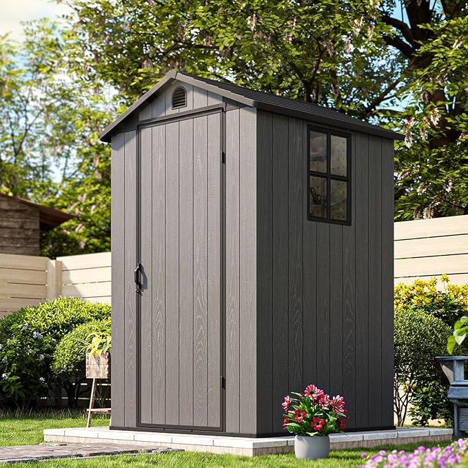 Patiowell 4 x 4 Plastic Outdoor Storage Shed with Floor, Resin Outside Tool Shed with Window and Lockable Door for Backyard Garden Patio Lawn, Deep Gray (Fit-it Shed)
