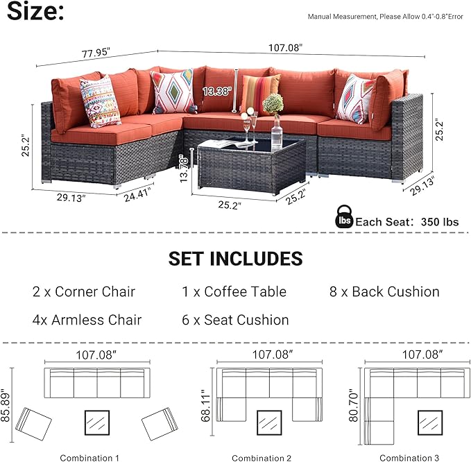 HOOOWOOO 7 Piece Patio Sectional Furniture Set,Modern Wicker Outdoor Conversation Sofa Sets,Weather Resistant Modular L Shaped Outside Couch Table Set(Orange Red)