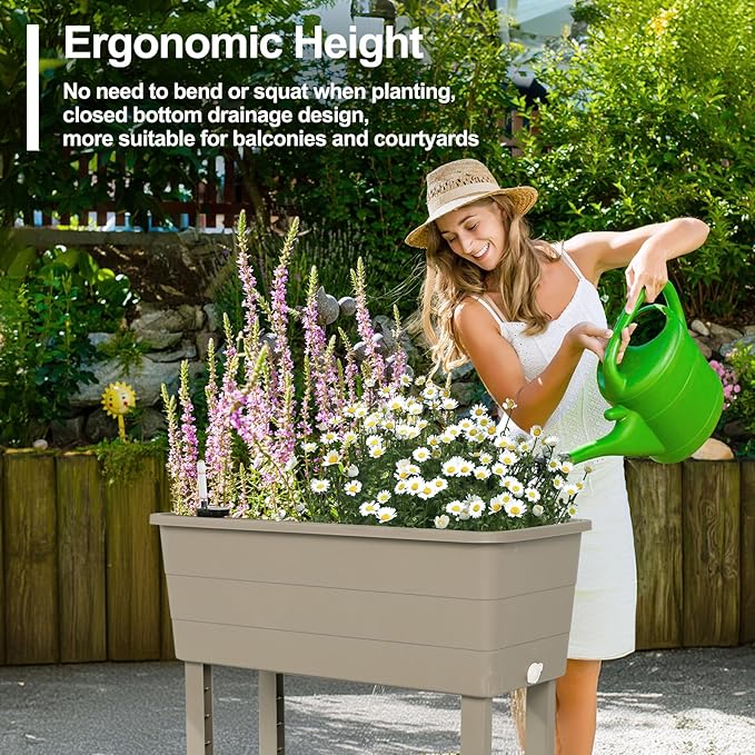 Aoodor 30" x 14" x 29" Raised Planter Box with Legs, Storage Shelf, Drainage Plug, and Water Level Indicator, for Vegetables, Flowers, Herbs, Outdoor Use, Set of 3, Khaki