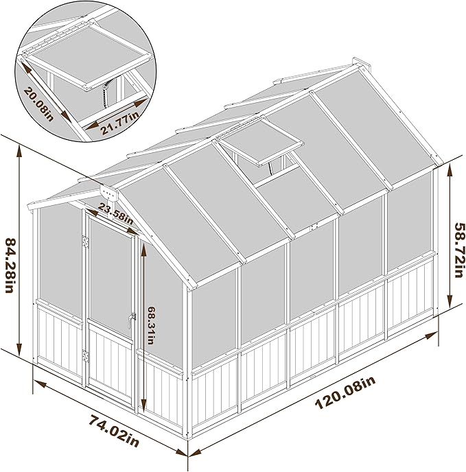 6x10 FT Green House for Outdoor, Thicken Polycarbonate Panel Wooden Walk-in Greenhouse Kit with Lockable Door and Adjustable Roof Vent, Backyard Garden, White