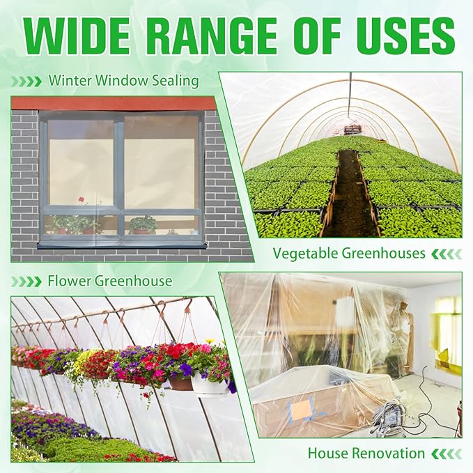 Greenhouse Plastic Film, 6 Mil Thickness Greenhouse Plastic Sheeting, Clear Polyethylene Film UV Resistant for Gardening, Farming, Agriculture (10 x 32 FT)
