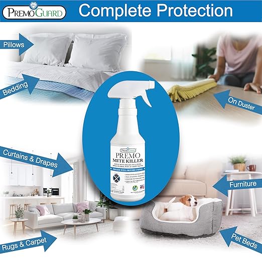 Premo Guard Mite Treatment Spray – 32 oz – Kills Dust, Scabies, Spider, Carpet, Bird, Mouse & Rat Mites in Home, on Furniture, Bedding – Natural Non-Toxic 100% Effective – Child & Pet Safe