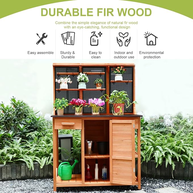 Outdoor Potting Bench,Wooden Potting Table with Metal Tabletop,Garden Work Bench with Drawer and Free Matching Storage Cabinet Shelf/Hooks for Backyard,Patio,Greenhouse (Black, 40 * 59 * 20in)