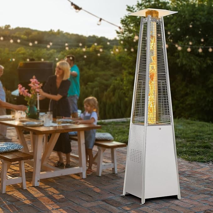 FOOWIN Propane Patio Heater, 48,000 BTU Outdoor Patio Heater with Wheels/Waterproof Cover & Gloves,Silver Grey