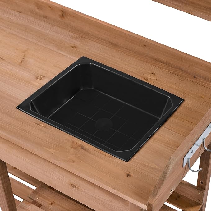 Yaheetech Potting Bench Outdoor Garden Work Bench Station Planting Solid Wood Construction for Horticulture w/Sink Drawer Rack Shelves Brown