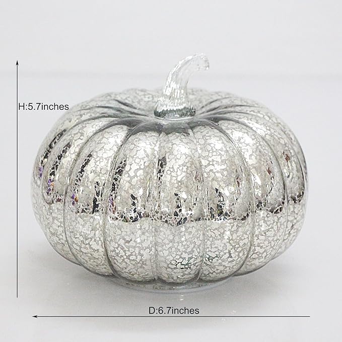 Mercury Glass Pumpkin Lights with Timer, Battery Operated Led Pumpkin Lights for Halloween Fall,Thanksgiving Rustic Decor (Silver Common, 6")