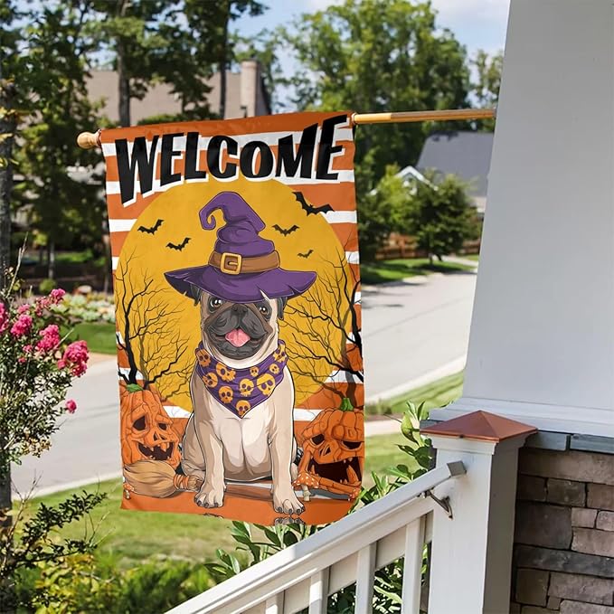 Halloween Pug Dog Pumpkin Bat Skull Garden Flag Welcome Party Outdoor Outside Decorations Picks Home House Garden Yard Decor 12x18 Inch