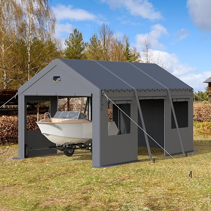 10x16 Carport, Heavy Duty Carport Canopy Garage with Removable Sidewalls and Drive Through Roll Up Zipper Doors & Side Doors, Grey