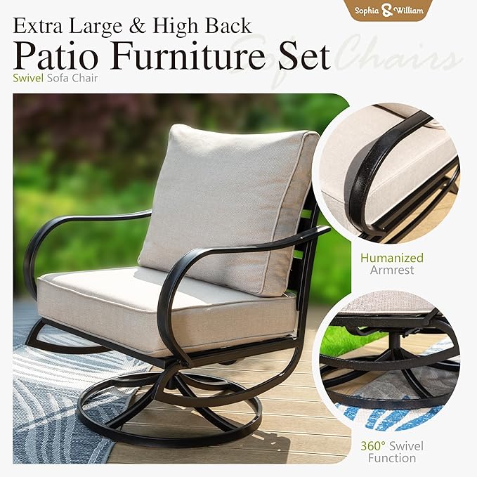 Sophia & William Patio Furniture Sets for 7 Outdoor Conversation Set 7 Pcs with 2 x Swivel Chairs, 2 x Armrest Sofa Chairs, 1 x 3-Seat Sofa, 2 x Ottomans for Coffee Garden Backyard Poolside Beige