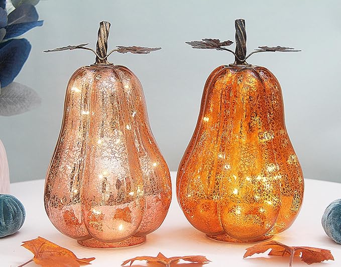 Mercury Glass Pumpkin Lights with Timer, Battery Operated Led Pumpkin Lights for Halloween Fall,Thanksgiving Rustic Decor (Rosegold Leafy, 11")