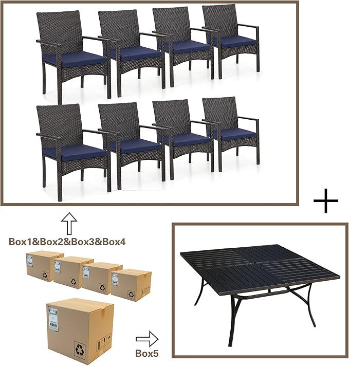 Sophia & William 9 Pieces Patio Dining Set for 8, 60" Large Square Patio Table and Rattan Chairs Set, All Weather Outdoor Dining Set, 8 People Metal Patio Table Set for Outside, Black Tabletop