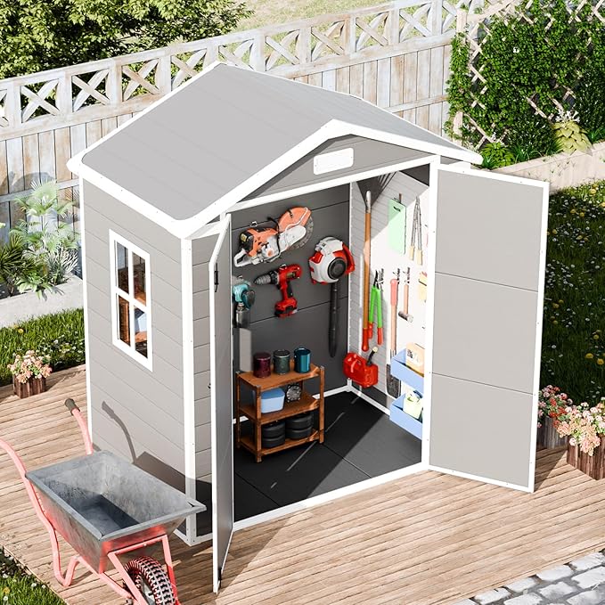 Outdoor Resin Storage Shed 6x3 FT Waterproof Sheds Kit with Floor Window Lockable Door Included, Outside Plastic Sheds for Backyard Garden Patio Lawn Tools