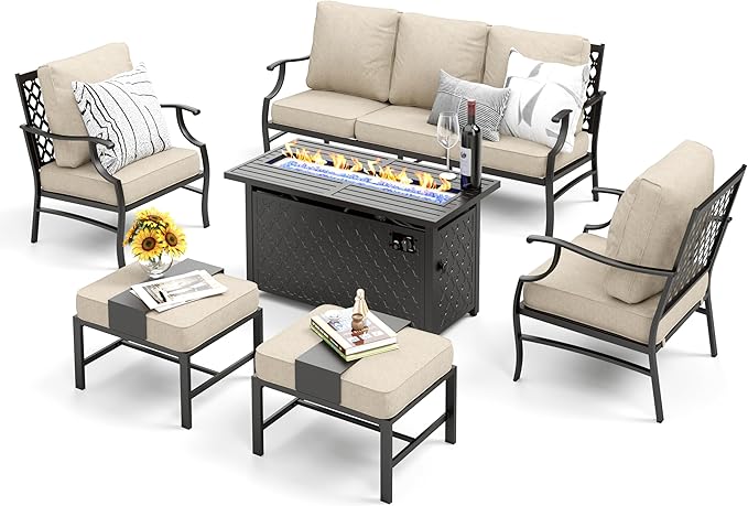Patio Furniture Set, 6 Pcs Metal Outdoor Conversation Set, 2 Single Chairs, 2 Ottomans and 3 Seater Sofa with 5.75" Extra Thick Cushion and Gas Fire Pit Table, Beige