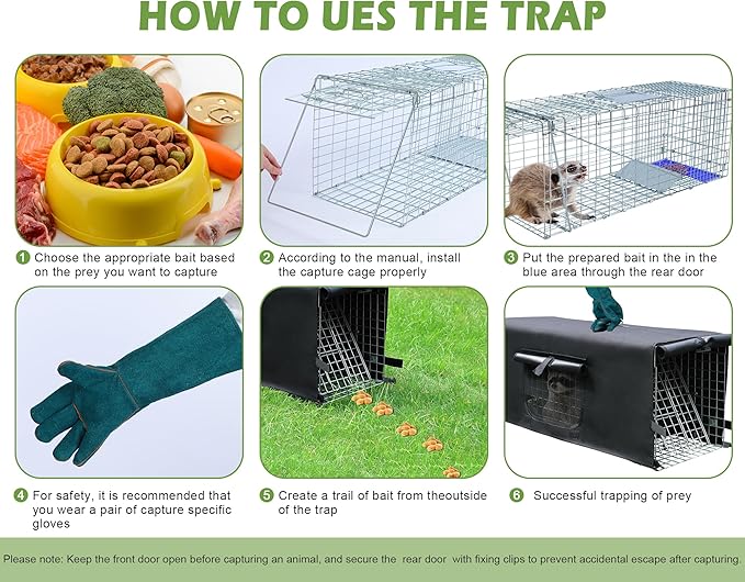 Live Animal Trap Cage with Cover & Gloves, Cat Trap for Stray Cats 32 Inch Heavy Duty Folding Skunk Traps with Real Door for Raccoons, Opossums, Skunks, Feral Cats, Squirrels-(32 x 10 x 12 inches)