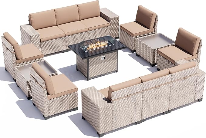 13 Pieces Patio Furniture Set with Fire Pit Table, Outdoor Sectional Wicker Sofa with Thickened Cushions and Coffee Table, High Back Rattan Patio Conversation Sets, Khaki