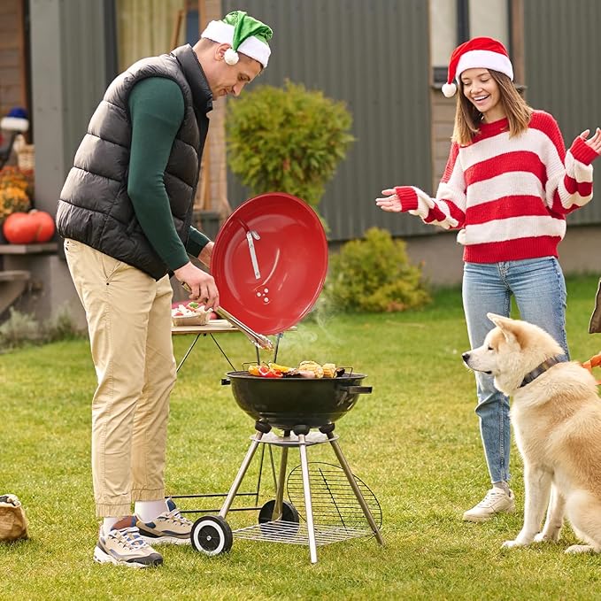 Charcoal Grills, Outdoor BBQ Grill with Side Table, Charcoal Grill with Wheels for Outdoor Grilling/Tabletop Cooking-Red