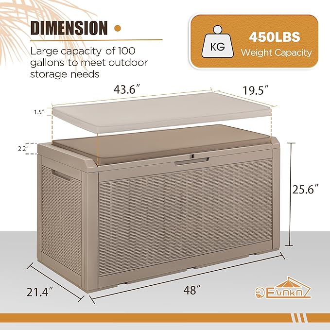 Devoko 100 Gallon Waterproof Large Resin Deck Box Outdoor Storage Box Indoor Lockable Storage Container with Cushion for Patio Furniture Garden Pool Cushions (Light Brown)