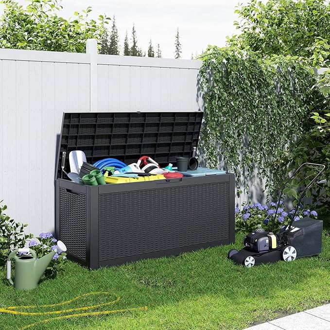 100 Gallon Deck Box,Resin Outdoor Storage Box with Lockable for Patio Furniture, Pool Accessories, Garden Tools Waterproof Outside Storage Box, Black Pattern