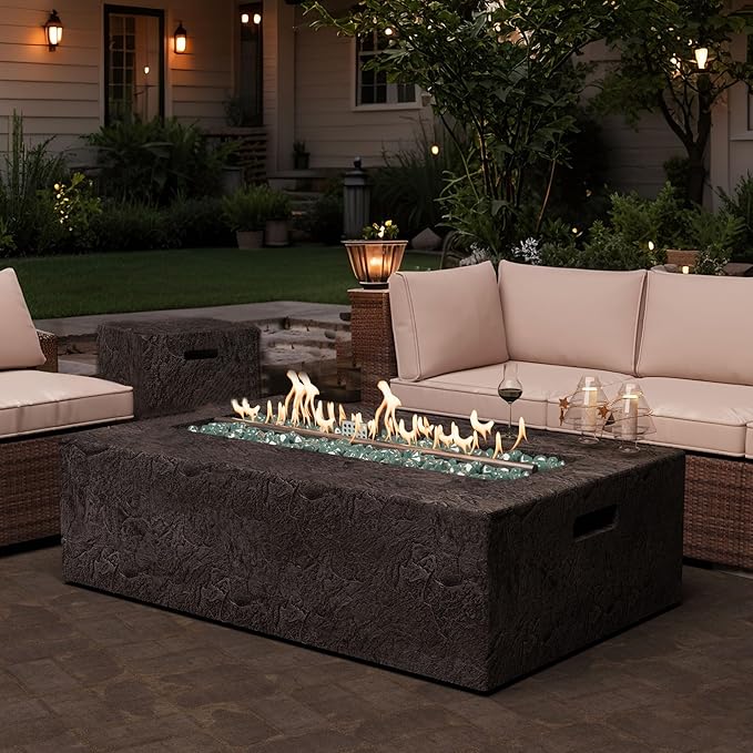 2-Piece Outdoor Propane Fire Pit Table Set – Premium Slate-Like MgO Finish, 48-Inch Gas Fire Table with Tank Table for Patio, Garden & Backyard, Includes Rain Cover & Glass Beads