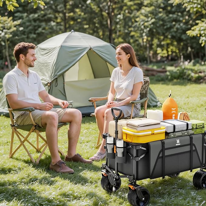 Navatiee Big Wheels Collapsible Wagon Cart Foldable, Heavy Duty Beach Wagon with Silent All-Terrain Wheels, Folding Utility Grocery Cart with Side Pocket and Brakes for Camping Garden Sports, Gray