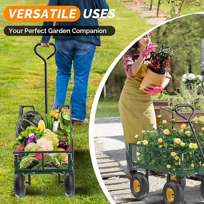 VINGLI Heavy Duty 880 LBS Mesh Steel Garden Cart, Detachable Utility Wheelbarrow, Yard and Garden Wagon Cart with Removable Sides and 10 Inch Wheels (Green)