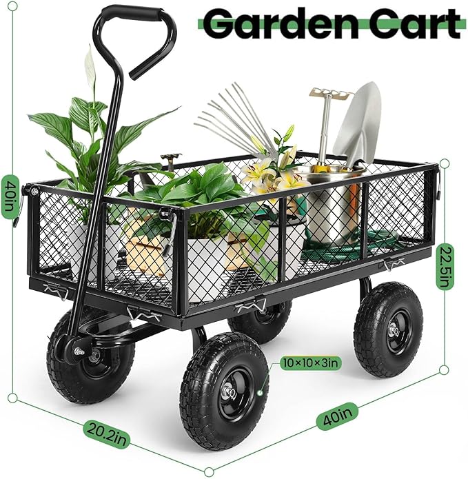 Homdox 660LB Garden Cart on Wheels, Heavy Duty Yard Wagon with 180ยฐ Rotating Handle, Mesh Foldable Garden Wagon Outdoor Utility Carts for Camping, Sports, Garden, Beach, Farm, Fishing, Black