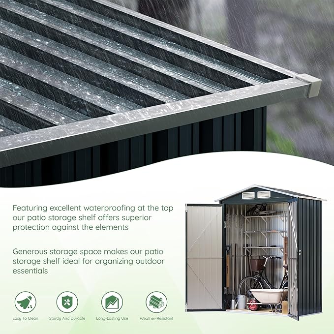 5x3X6.3FT Outdoor Steel Storage Shed with Lockable Doors and Frame Floor, Compact Small Bike Shed, Ideal for Garden, Backyard, Swimming Pool, Patio Utility and Tool Storage