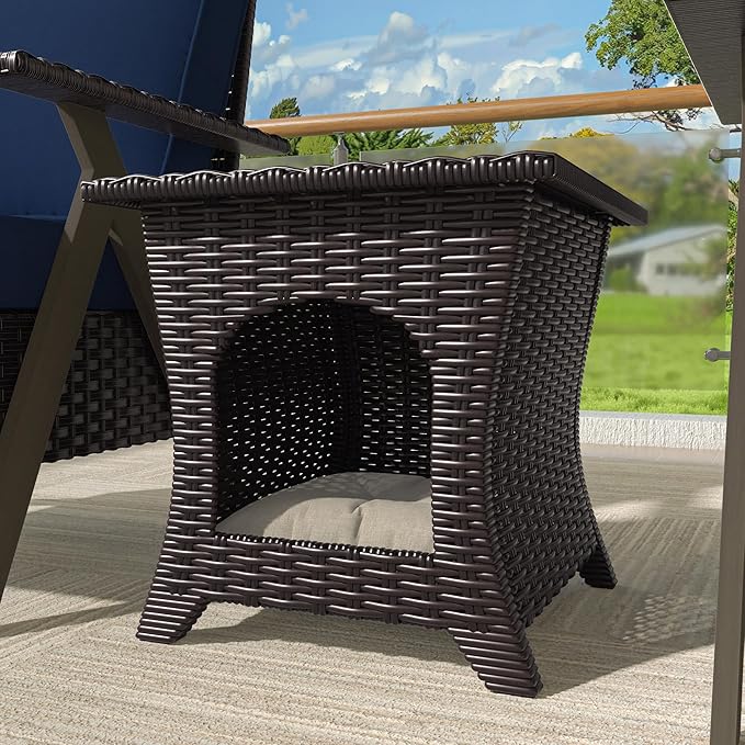 Vista Vibe Patio Wicker Side Table, All-Weather Rattan Furniture, 2 in 1 End Table & Pet Nest for Porch, Sunroom, Garden (Beige)