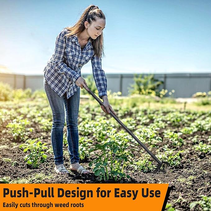 Action Stirrup Hoe Garden Tool Weed Puller with Adjustable Long Handle, Heavy Duty Hula Hoe and 4 Tines Rake 2 in 1 Gardening Tools Garden Cultivator for Weeding Soil Loosening, Black