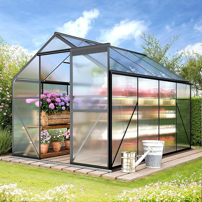 Gizoon 8x6 FT Outdoor Greenhouse, Quick Setup Polycarbonate Greenhouse with Adjustable Roof Vent and Sliding Door, Aluminum Walk-in Greenhouses for Outside Backyard Gardening (Black, 8x6FT)