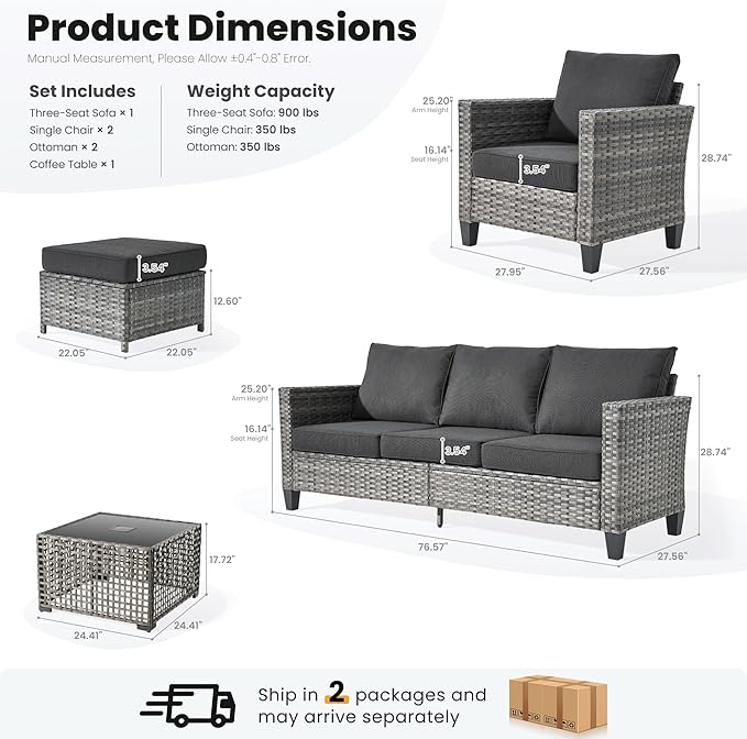 ovios 6 Pieces Patio Furniture Set Outdoor Sofa Couch with Solar Lights Table Comfy Cushions, Modern Deep Seat Wicker Rattan Conversation Set for Porch Deck, Black