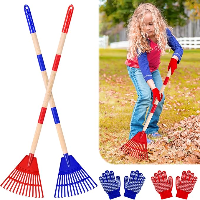 2 Pcs 35'' Kids Rakes for Leaves - Plastic Rake Head with 2 Pairs Kids Gloves, Small Kids Lawn Rakes Detachable Wooden Handle, Autumn Garden Tool Set for Kids Boys and Girls, Red & Blue, 3yr+