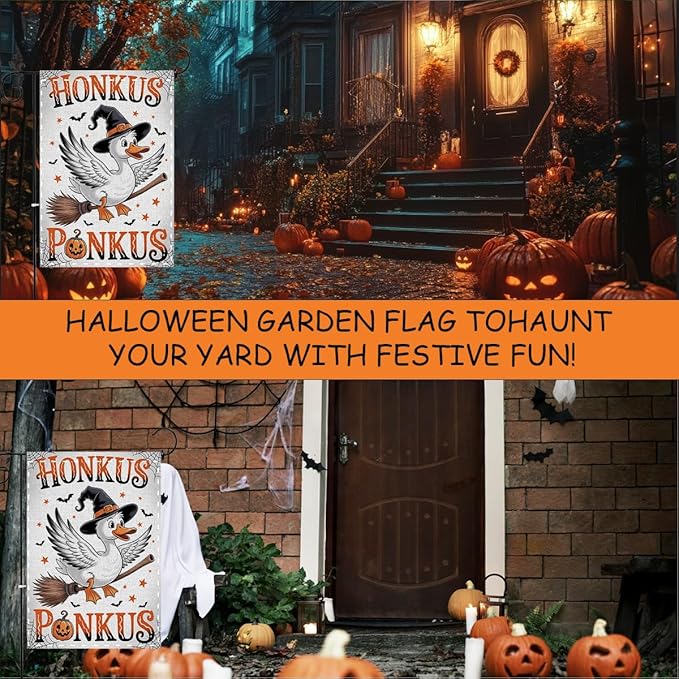 Fokongna Witch Goose Halloween Garden Flag, Interesting Happy Halloween Decor, 12x18 Inch Burlap Vertical Double Sided Flags, for Home Yard Outside Decorations