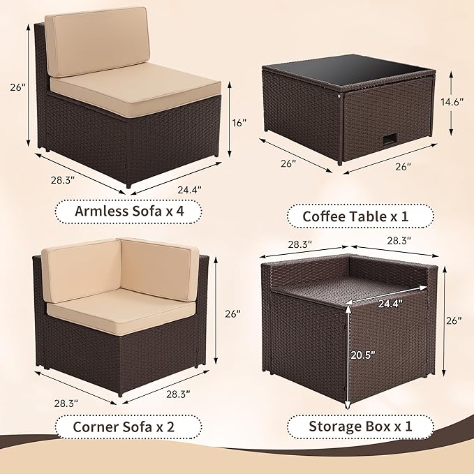 8 Pieces Outdoor Wicker Rattan Patio Furniture Sectional Set, Glass Top Table with Hidden Storage, 7 Sofa Sections, Oversized Cushions, Brown Color Rattan with Beige Cushion